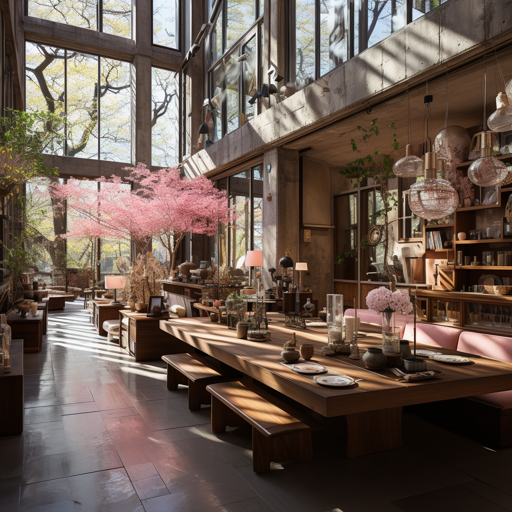 Modern residential building with large windows, pink accents, wooden wine cabinets, and white carpets.