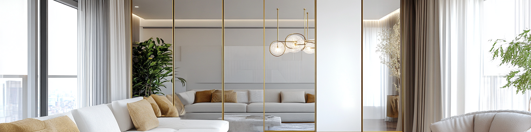 Modern sliding wardrobe with mirror design, white and gold interior.