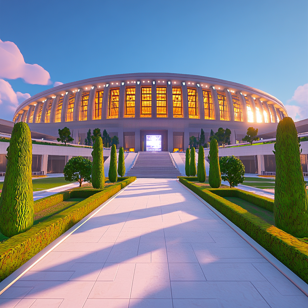 Modern stadium entrance with Roman inspiration, tunnel lights, electronic signage.