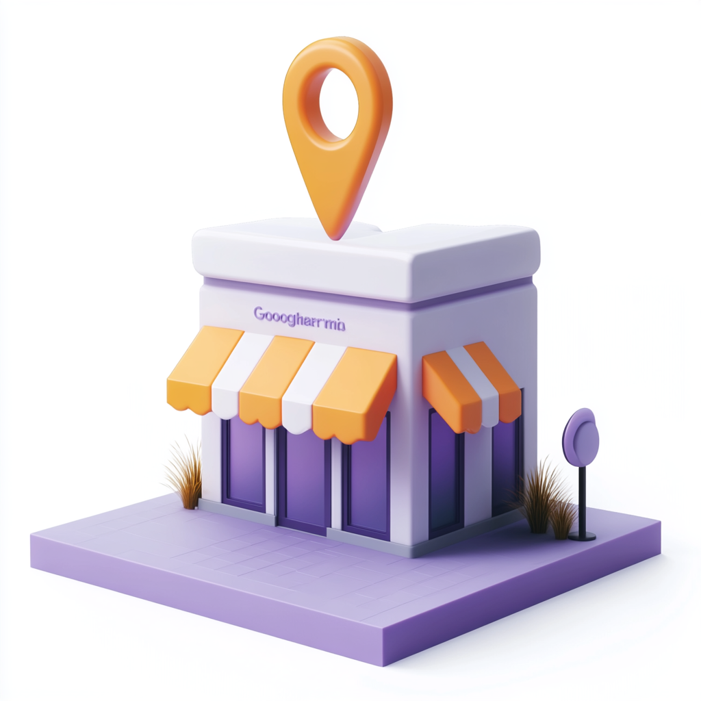 Modern storefront icon with orange map pin above.