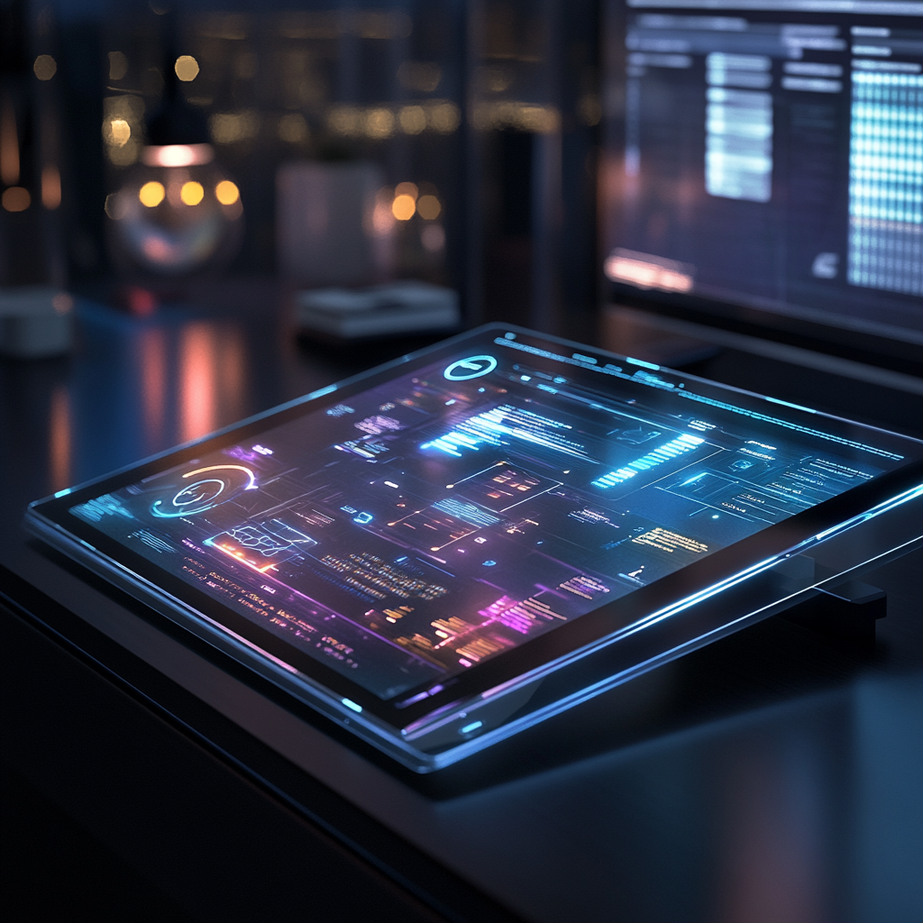 Modern tablet on desk with holographic icons