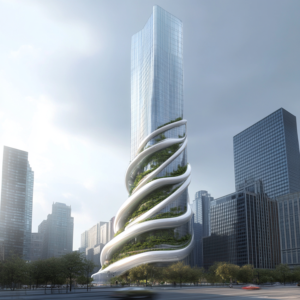 Modern tower with reflective glass, organic forms, green terraces.