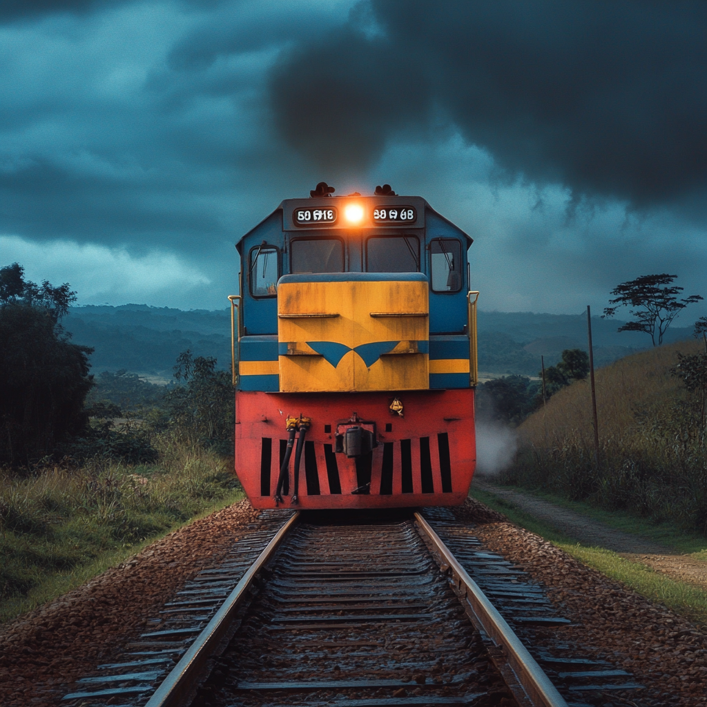 Modern train in Latin America, colorful front view.