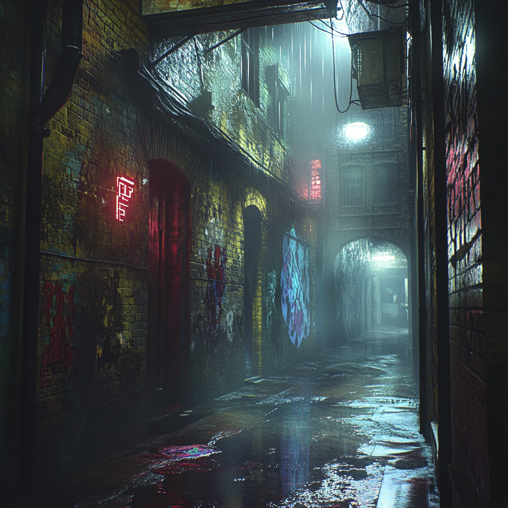 Modern urban horror game concept art in London alley.