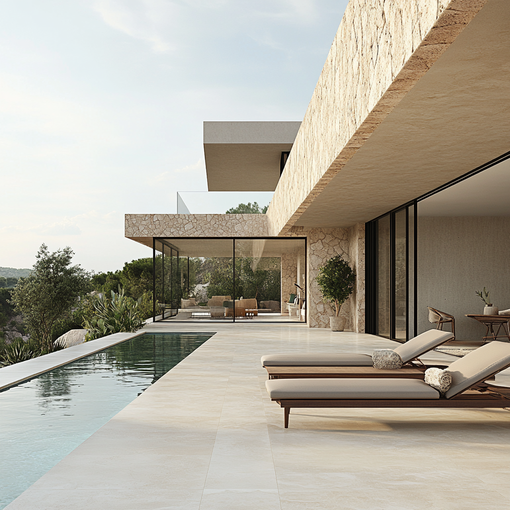 Modern villa garden terrace with cream resin floor pool.