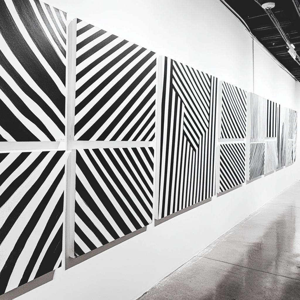 Modern wall with bold geometric abstract paintings.