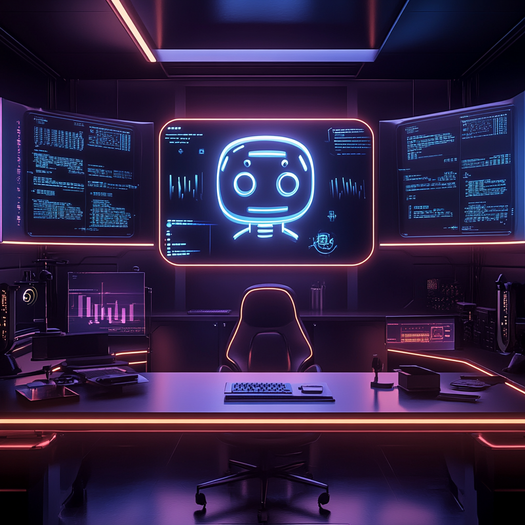 Modern workspace with holographic chatbot engaging with users.