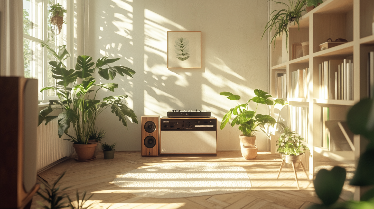 Modernist apartment room with sound system and plants.