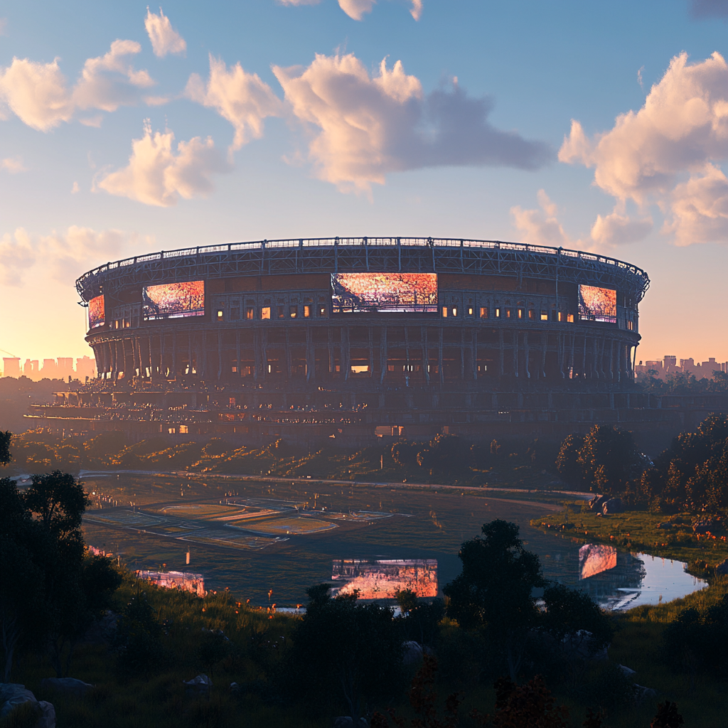 Modernized Roman colosseum, digital fans watch virtually, electronic billboards.