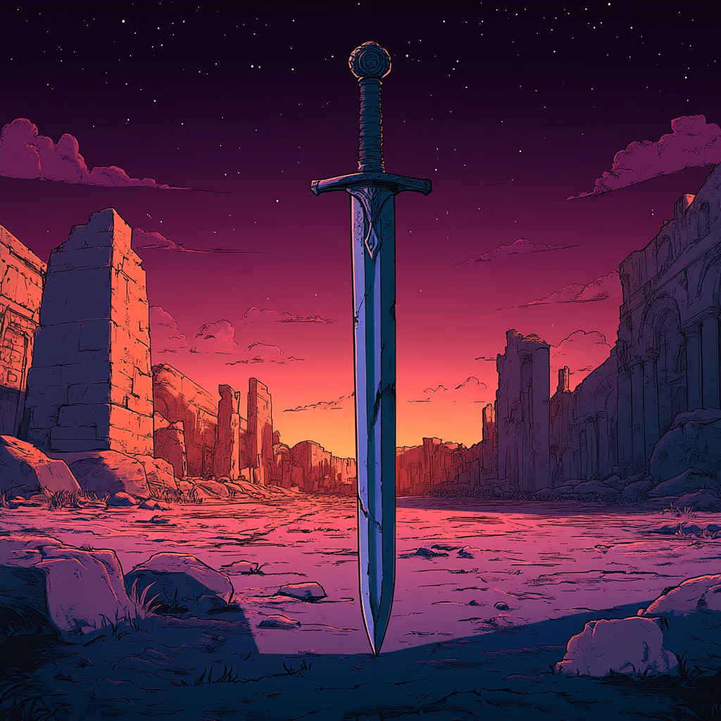 Moebius Artstyle Sword and Ruins Cartoon Illustration