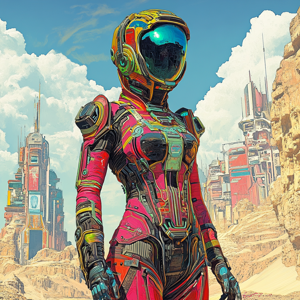 Moebius-inspired alien explorer in vibrant, surreal space environment