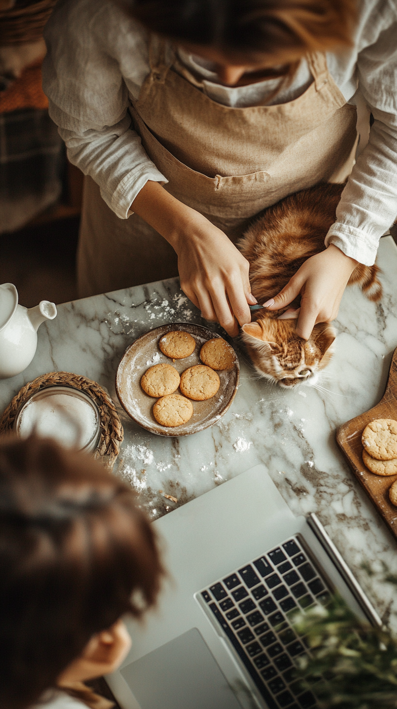 Mom and daughter baking cookies with cat watching