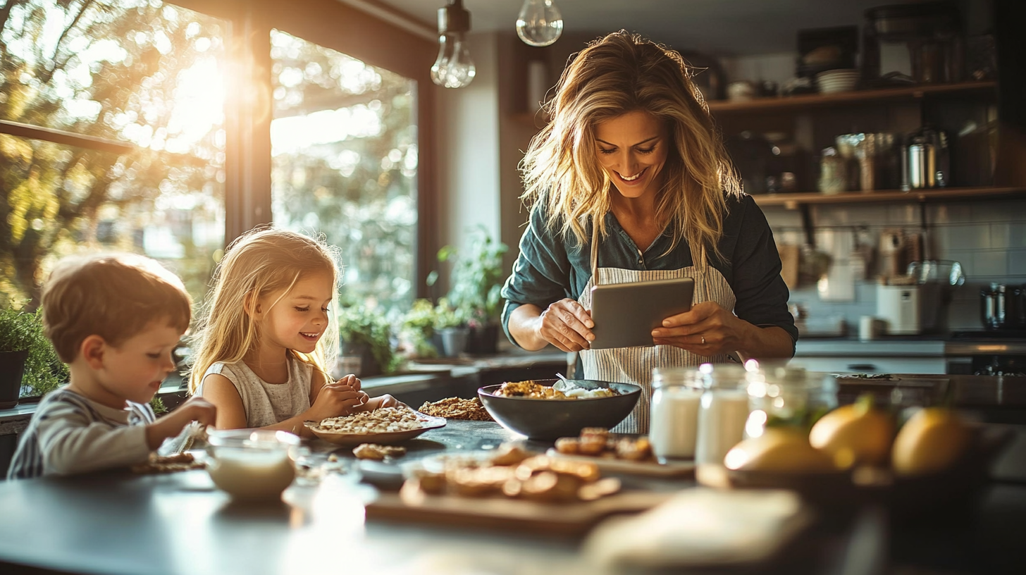 Mom in modern kitchen makes healthy breakfast with kids.