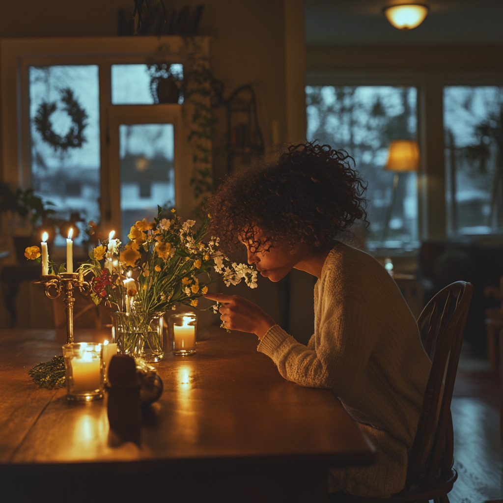 Mom smelling winter flower in elegant home