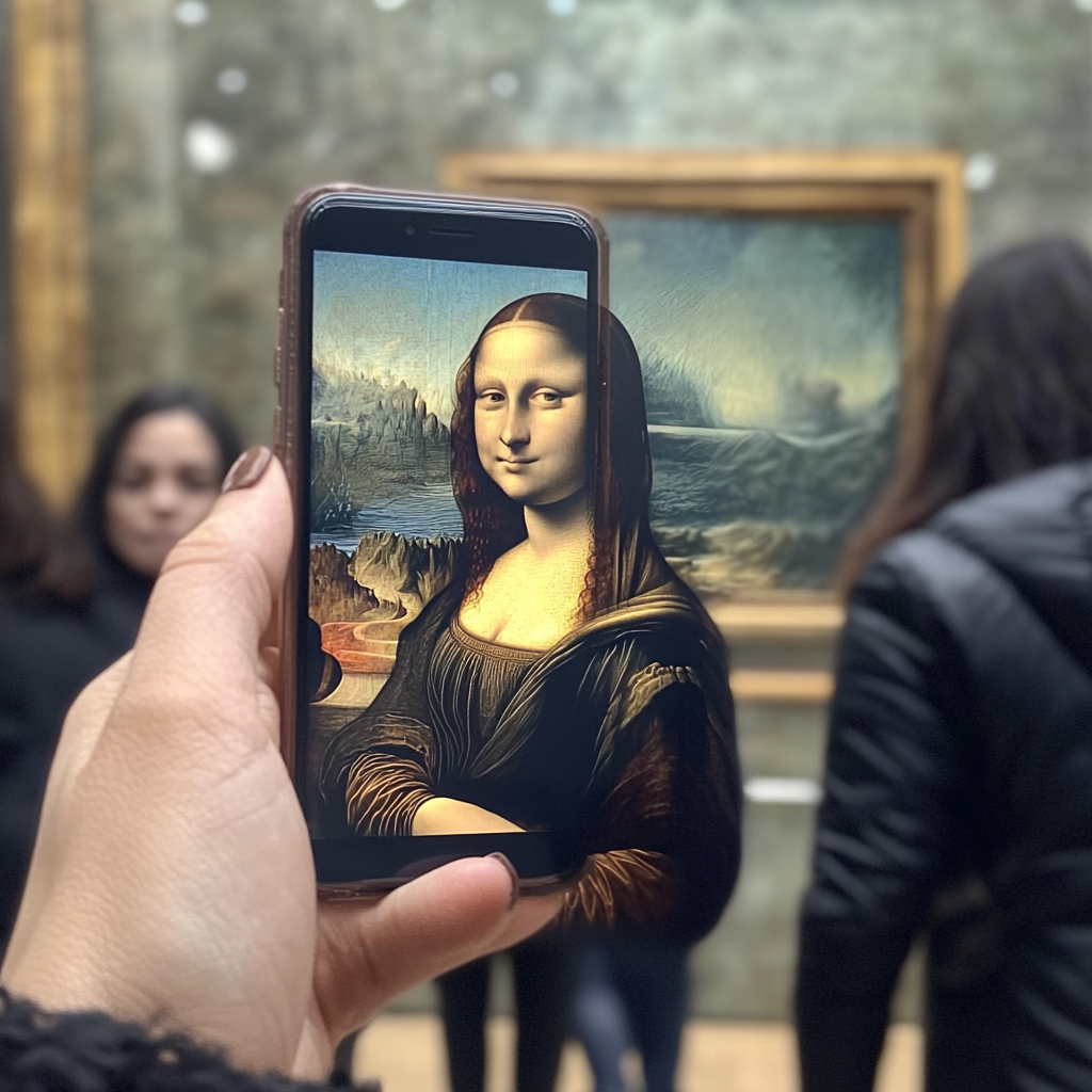 Mona Lisa takes selfie with skewed phone.