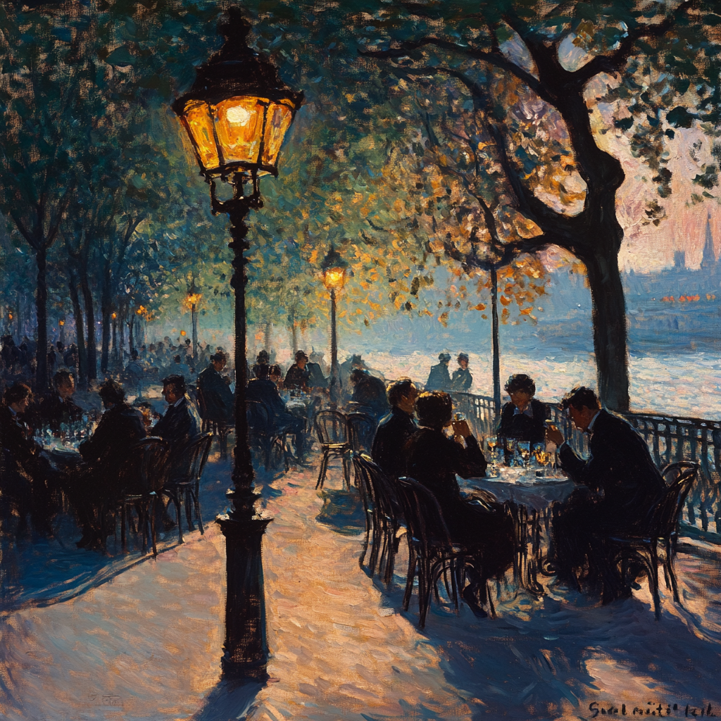 Monet painting: Paris cafe scene with holographic lamp posts.