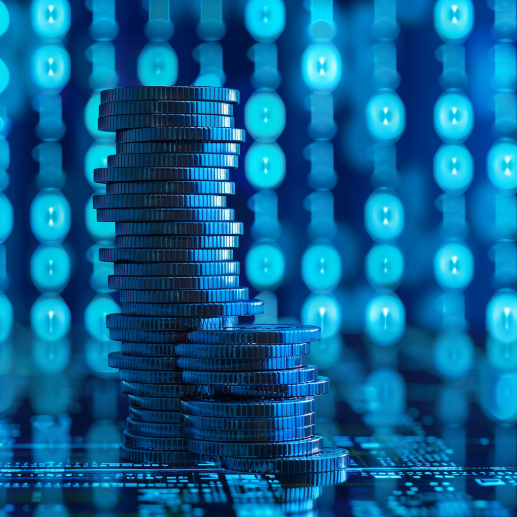 Money coins stack symbolizes SQL database, blue binary background.