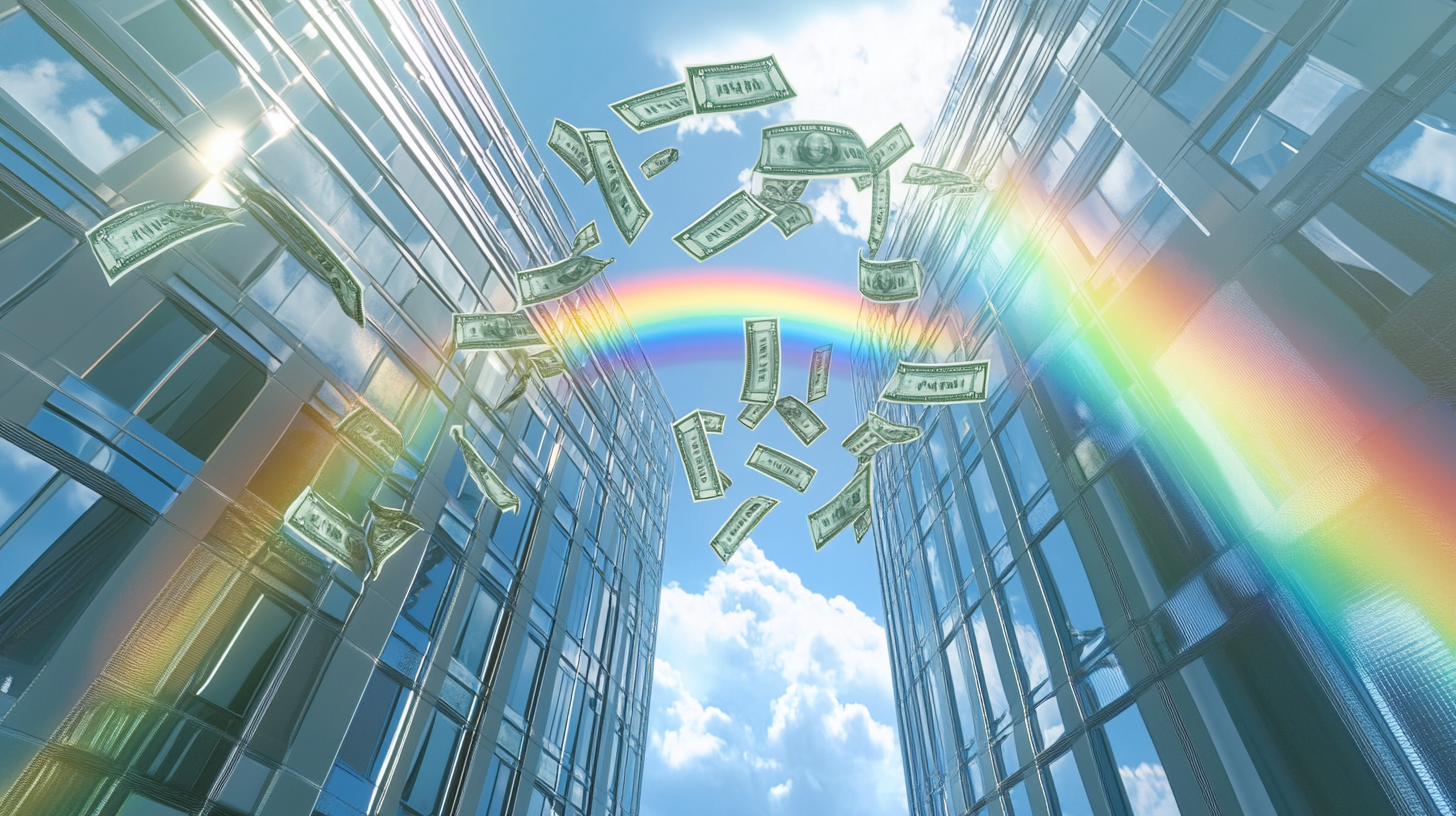 Money flowing from office building windows, rainbow above.