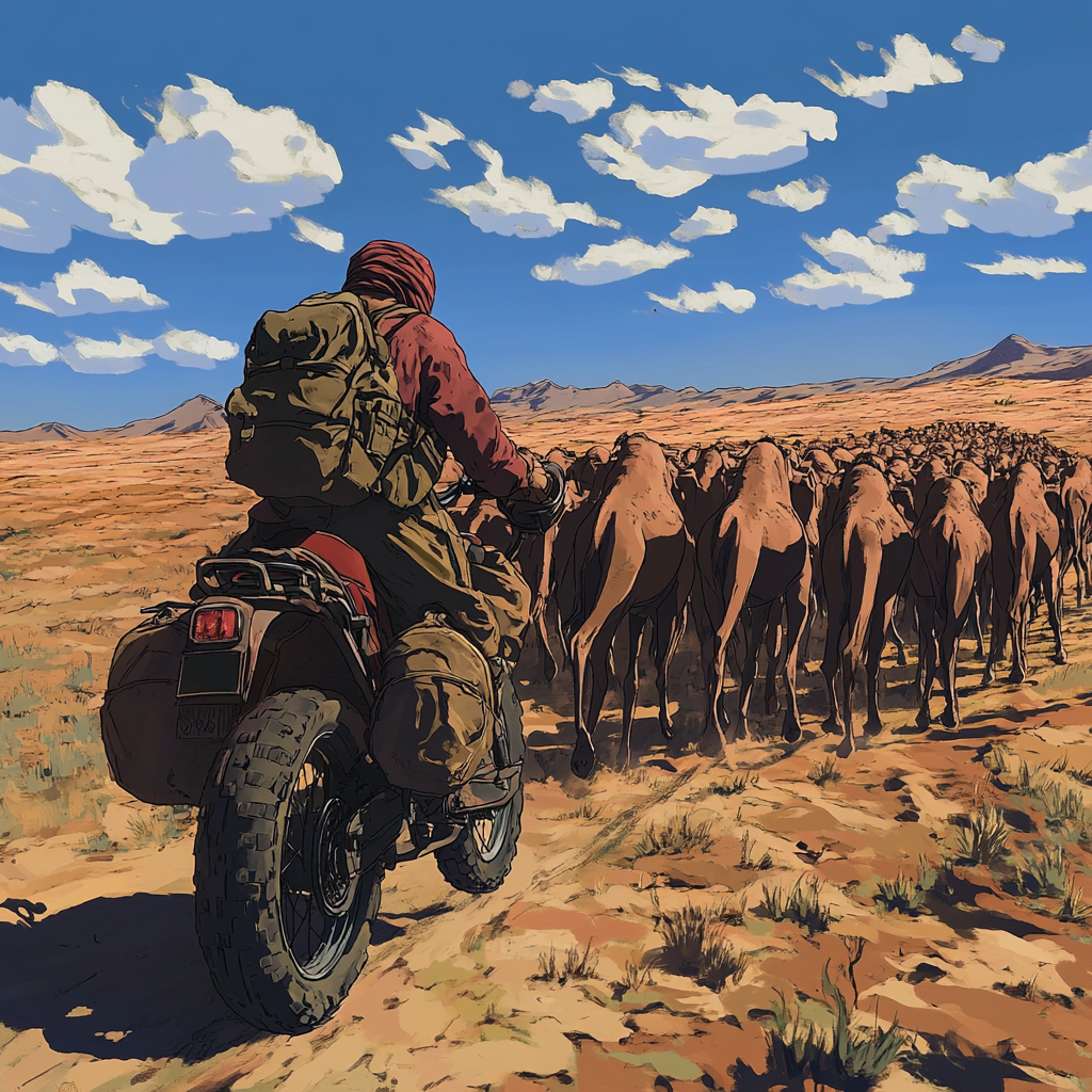 Mongol herding camels on motorcycle through dry landscape.