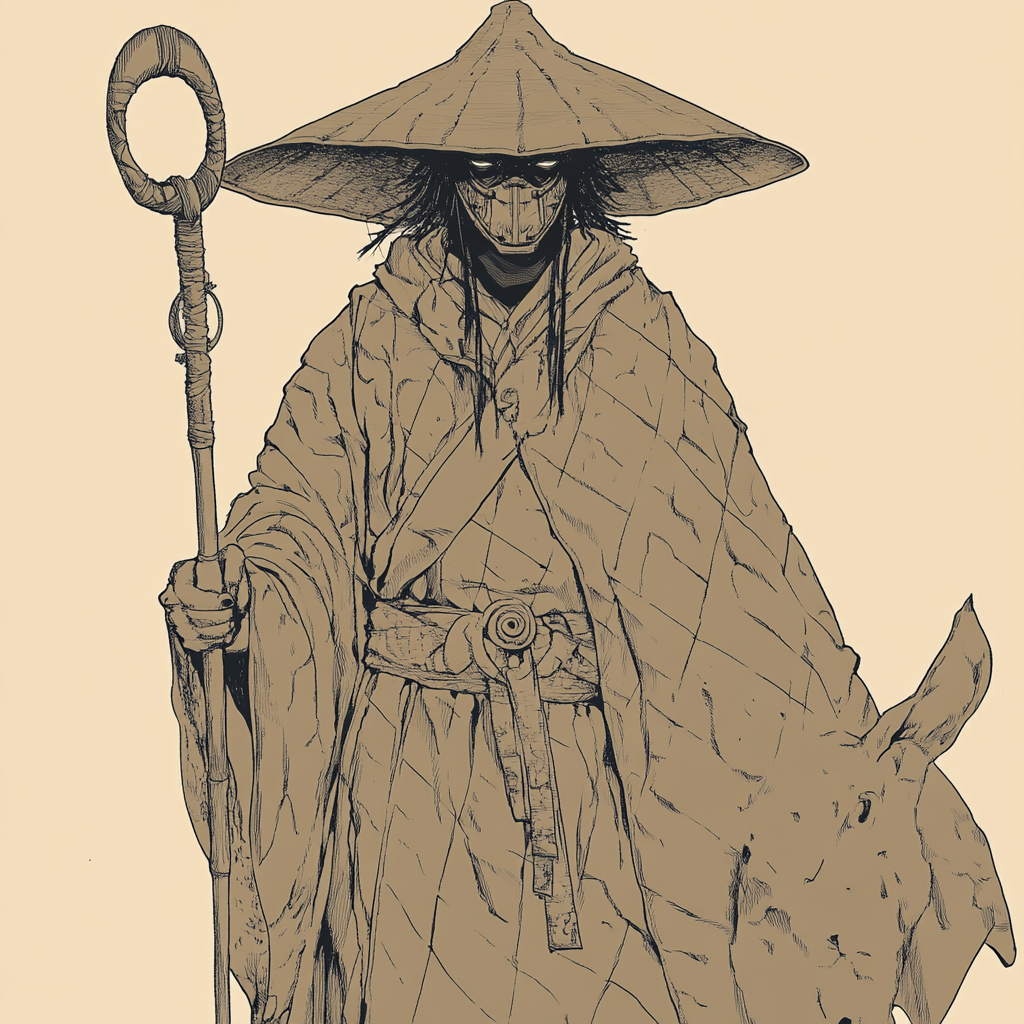 Monk in quilted robe and mask with brim hat.