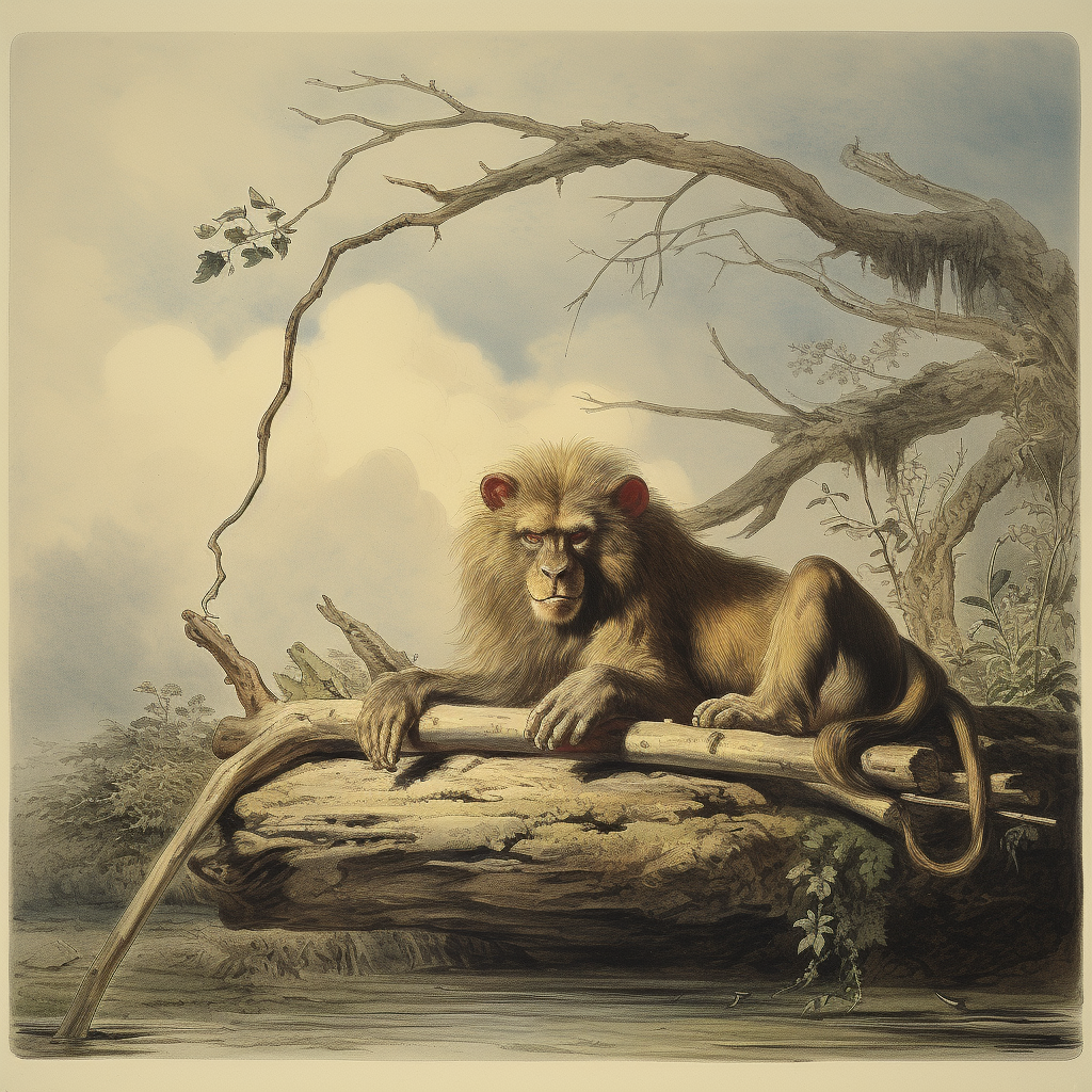 Monkey and lion with stick