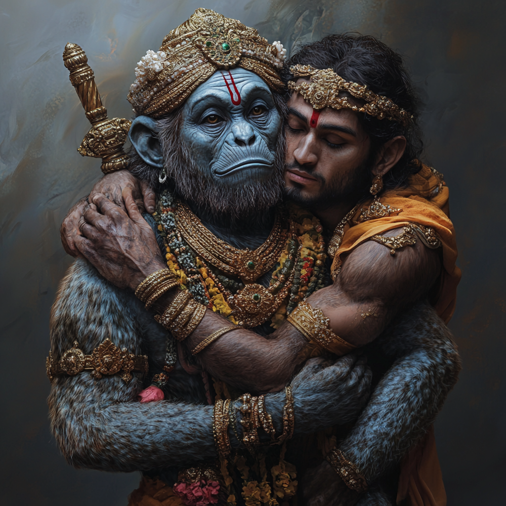 Monkey Hanumanji carrying Shri Ram and Lakshman brilliantly.