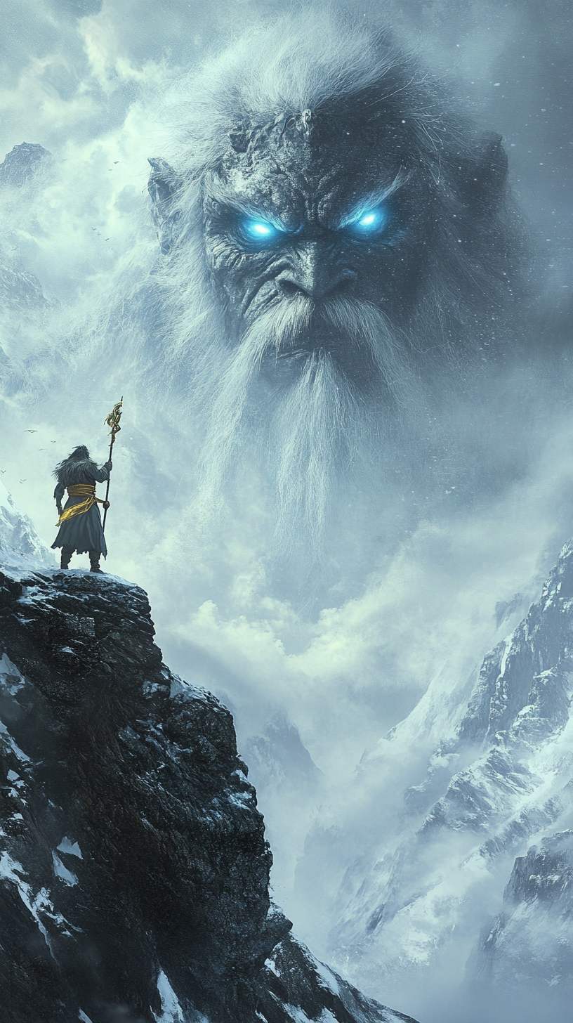 Monkey King Sun Wukong faces ancient giant on mountain.