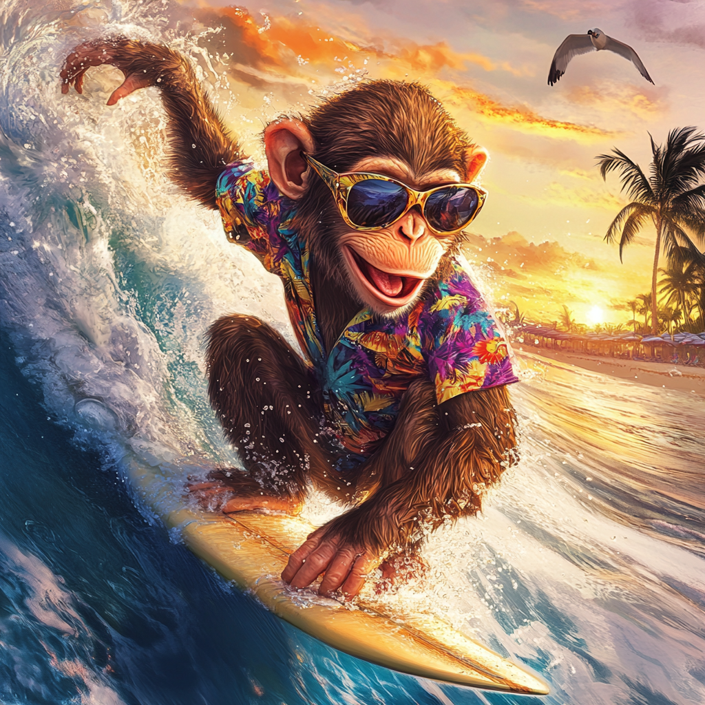 Monkey surfing a big ocean wave at sunset. Surfboard, sunglasses.