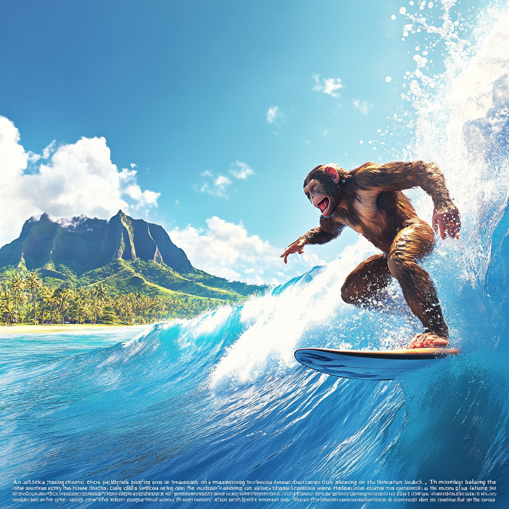 Monkey surfing on massive wave at famous Hawaiian beach.