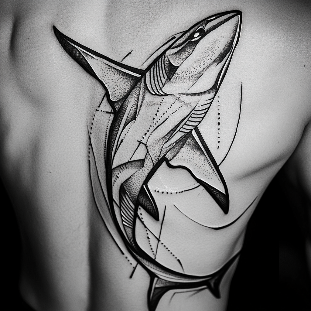 Monochromatic shark tattoo wrapping body with bold lines and shading.