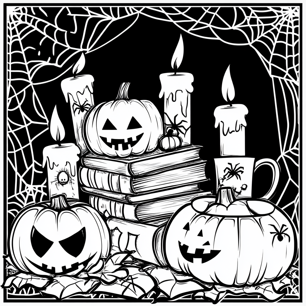 Monochrome Halloween theme with books, candles, and mugs.