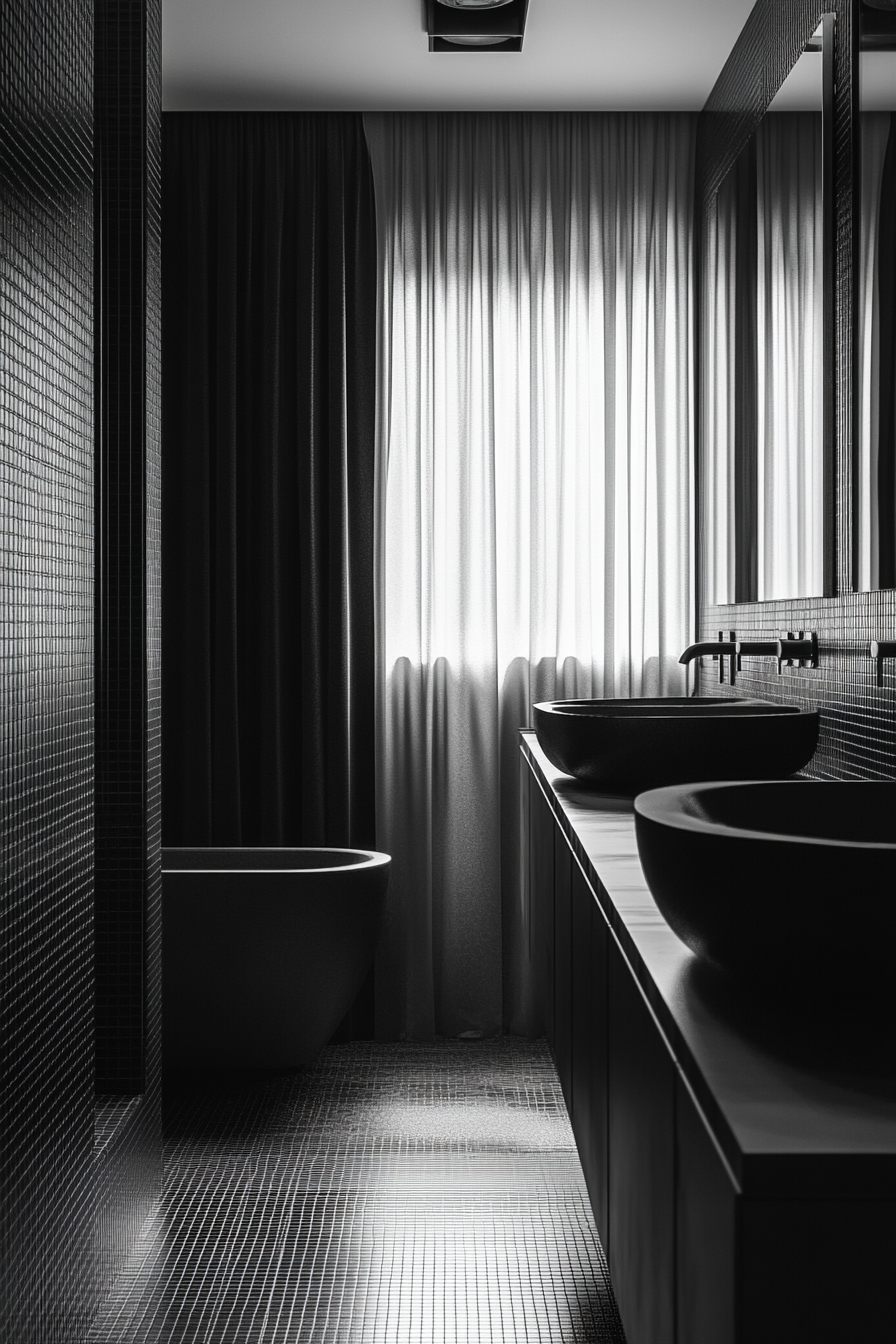 Monochrome bathroom with seamless look, varied textures, glossy countertops