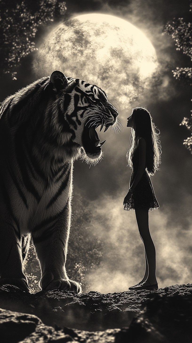 Monochrome image of girl and tiger showcasing dynamic balance.