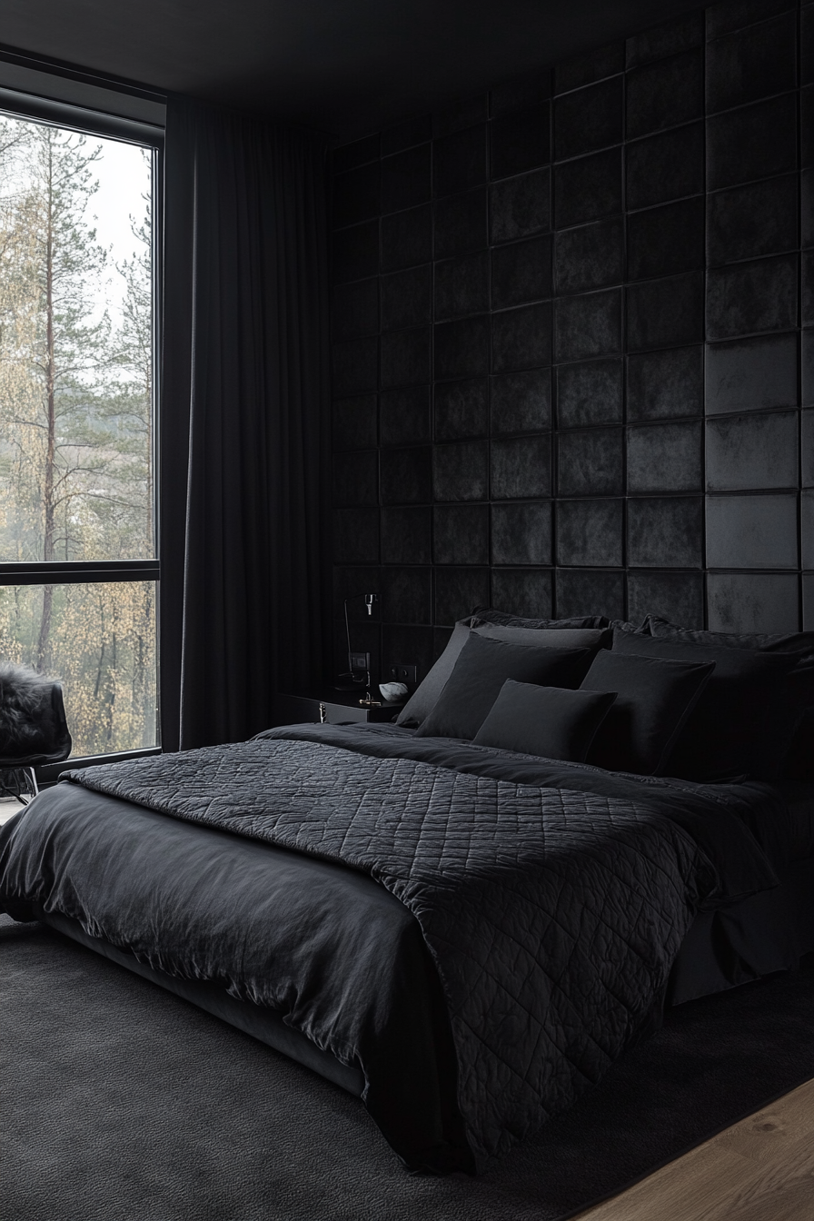 Monochrome master bedroom with varying shades and textures.