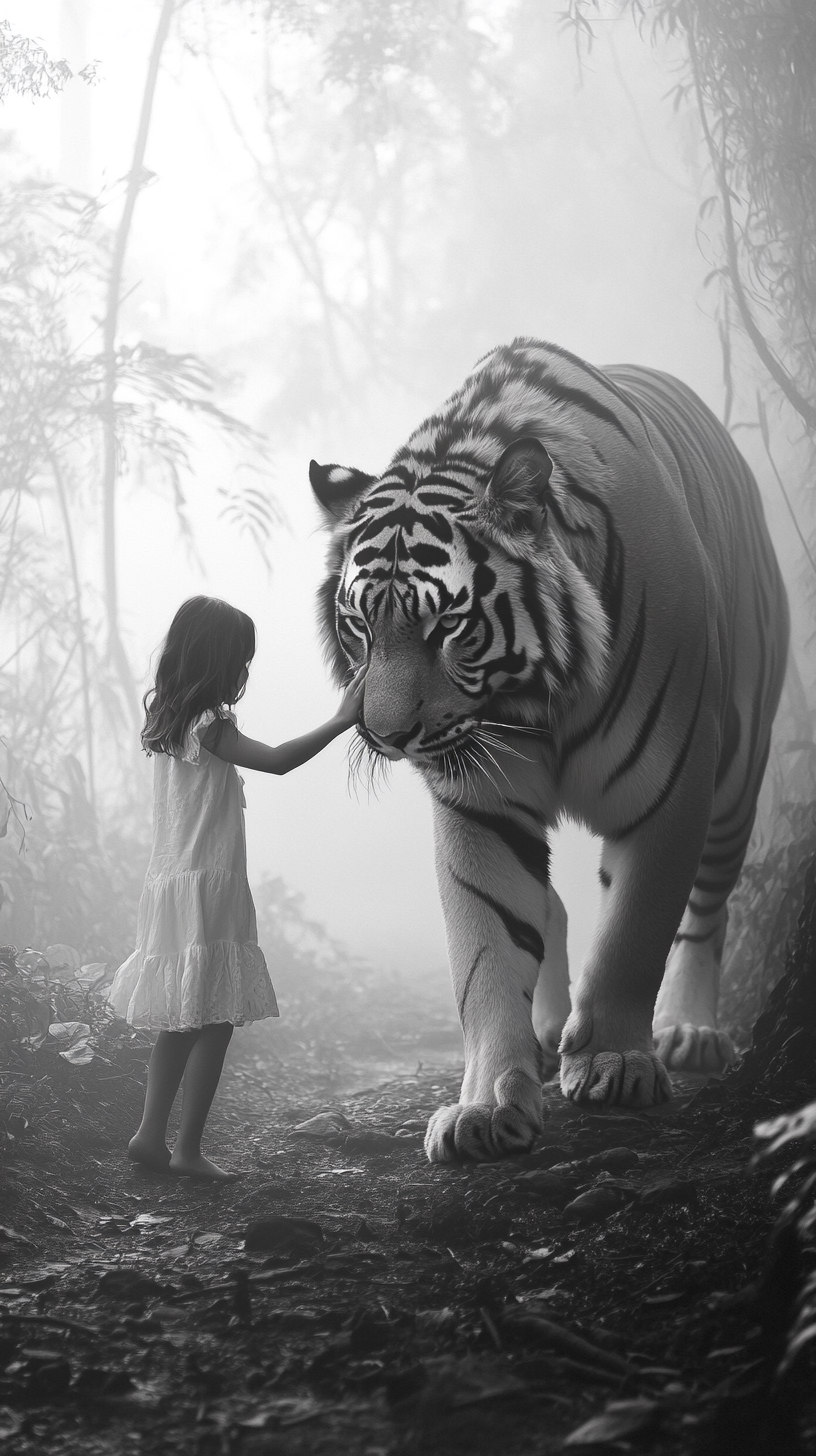 Monochrome photo of girl and tiger, ultra high-res.