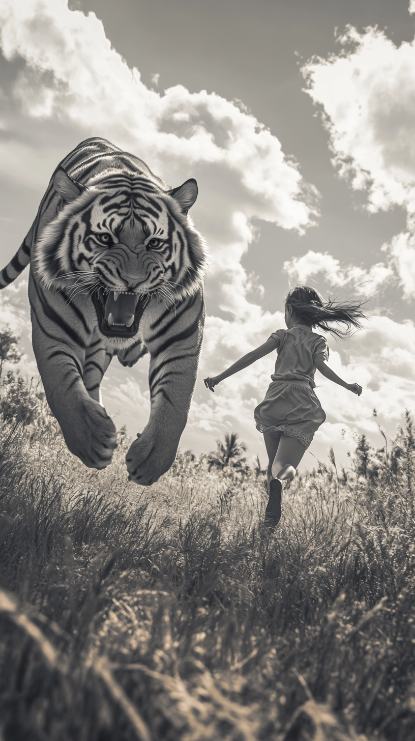 Monochrome photo of girl and tiger running in meadow.