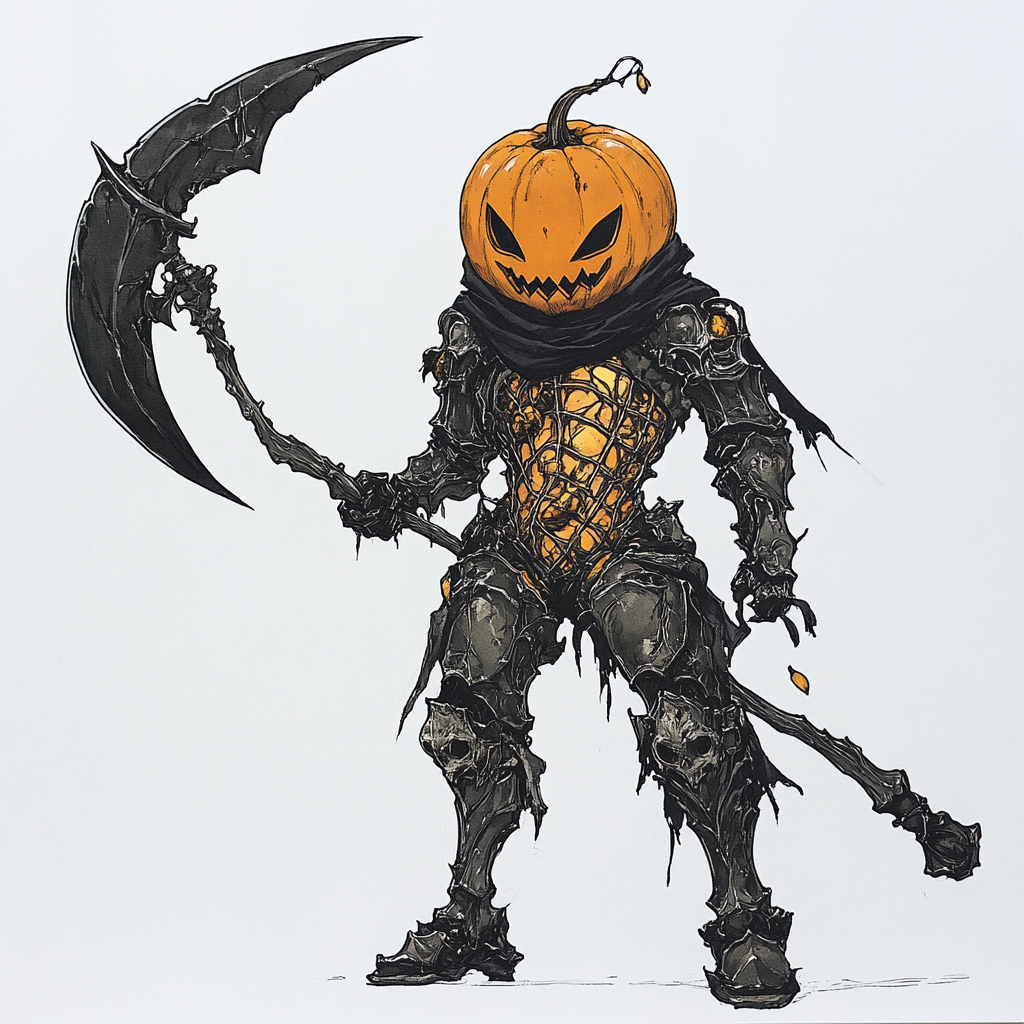 Monster Hunter armor character with pumpkin-like design.