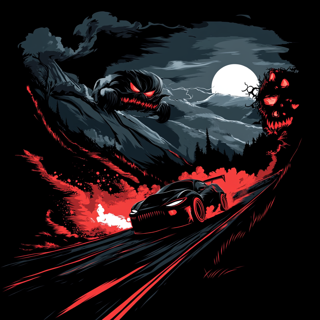 Monster chasing car, oversteer, smoke, Halloween-themed vector t-shirt design.