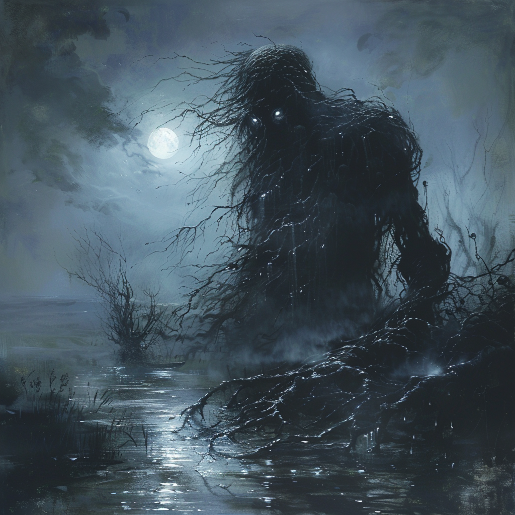 Monster emerging from river, glowing eyes in moonlight.