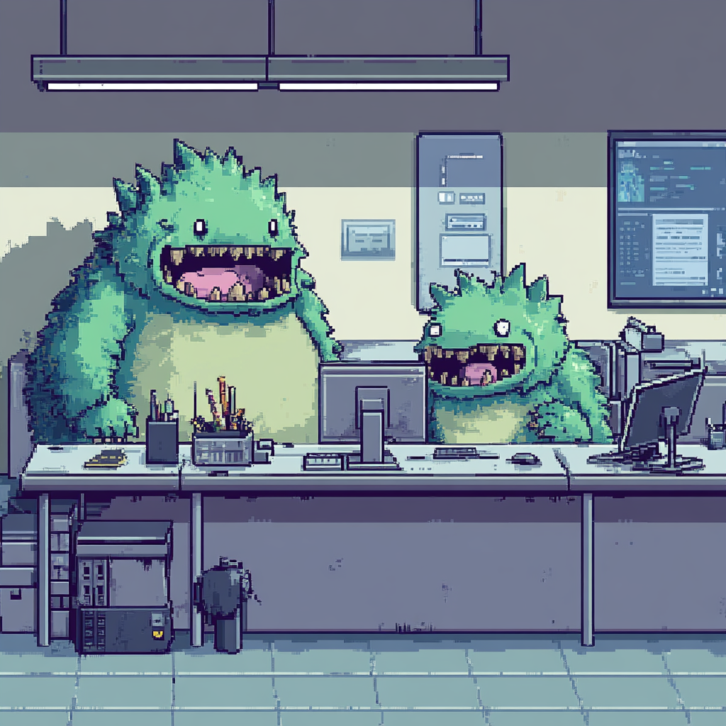 Monsters causing trouble in game company office. Error message.