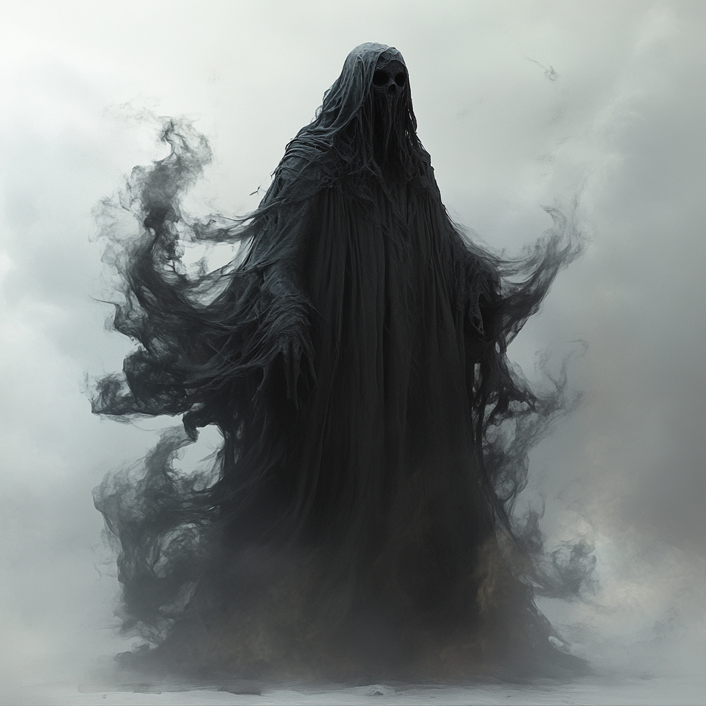 Monstrous, deathlike creature with black cloak, towering figure.