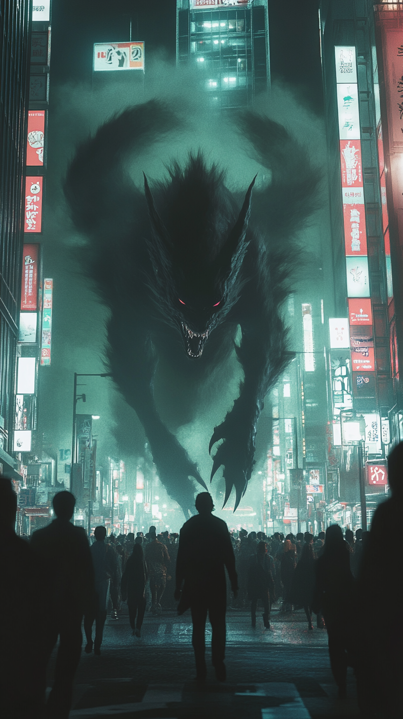 Monstrous Kitsune shadow on bustling Shibuya intersection at night