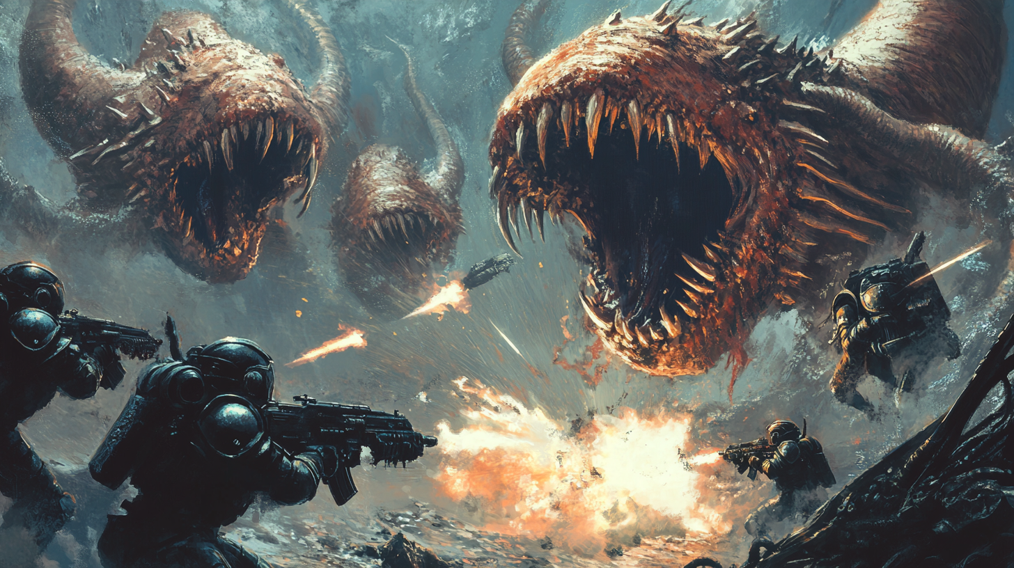 Monstrous fish-like creatures attack marines in intense battle.