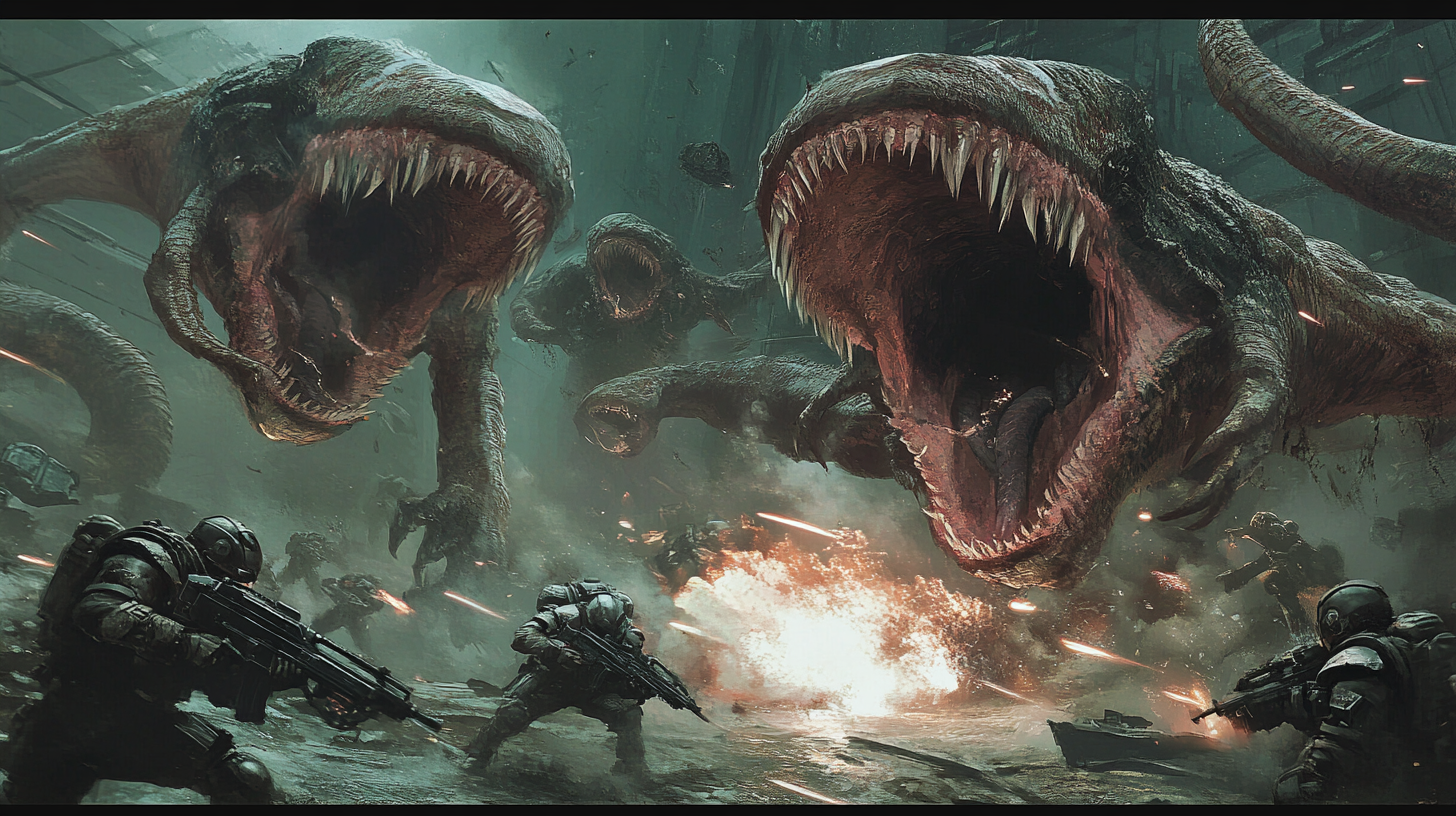 Monstrous giant fish-like creatures attack space marines in battle.