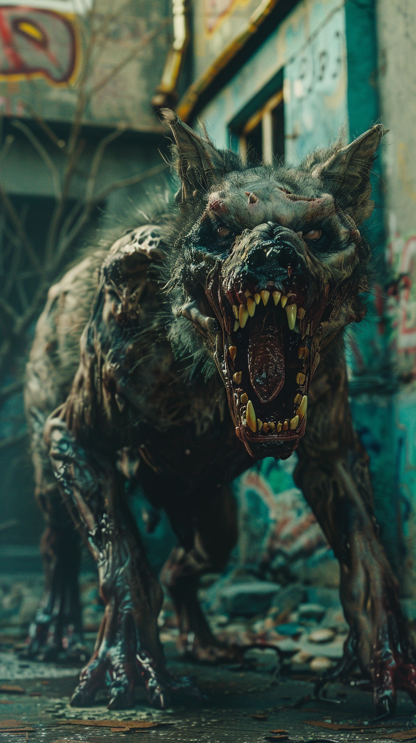 Monstrous hybrid snarls in decaying Russian courtyard.