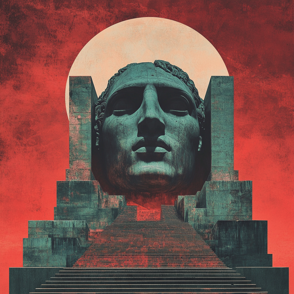 Monumental Album Cover Design: Towering Statue Dramatic Colors 