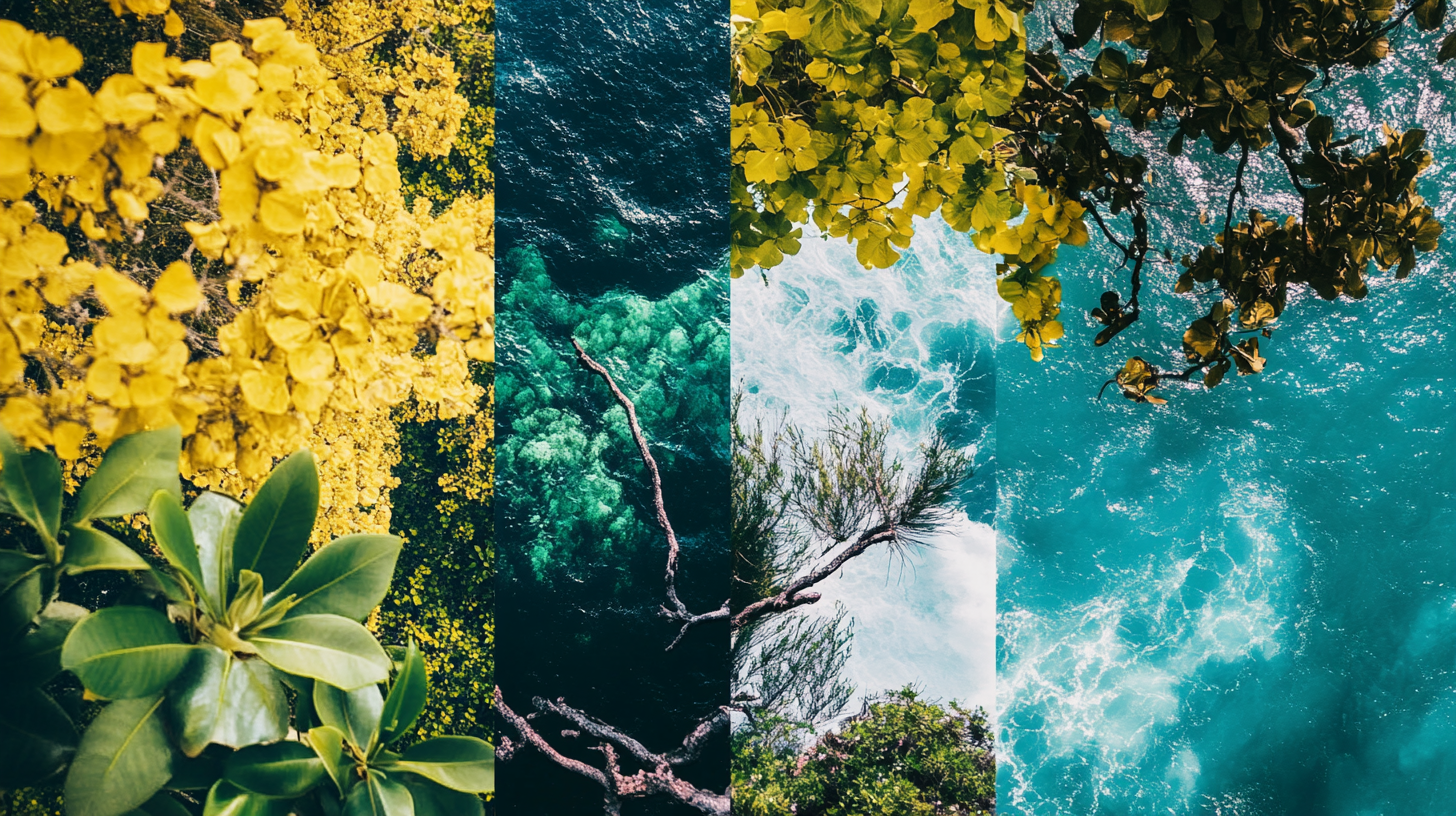 Mood board celebrating nature with yellow, green, blue.