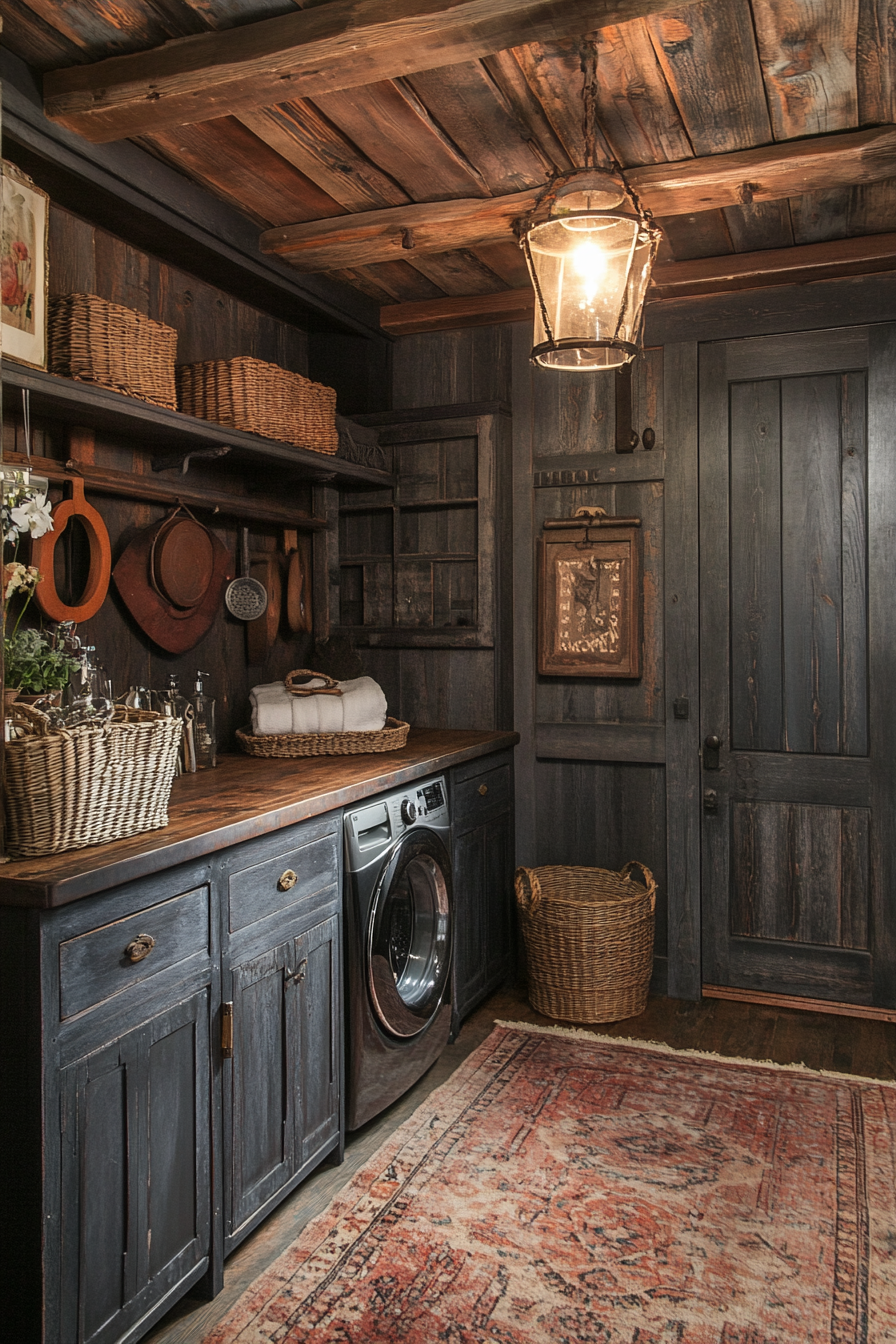 Moody Western Gothic laundry room with rugged elegance captured.