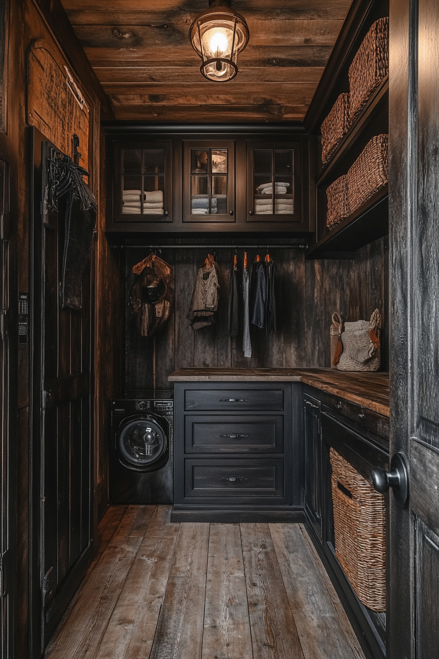 Moody Western Gothic laundry room with vintage lighting.