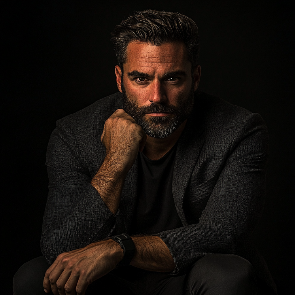 Moody man in dark blazer, contemplating with beard.